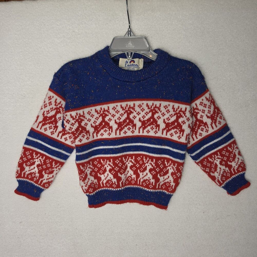Vintage Christmas Reindeer Sweater Dr Denton USA Made 80s Youth Kids 3T